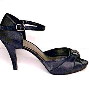 FIONI NIGHTS Black Satin Heels Shoes Womens 9 Ankle Strap Evening Wedding